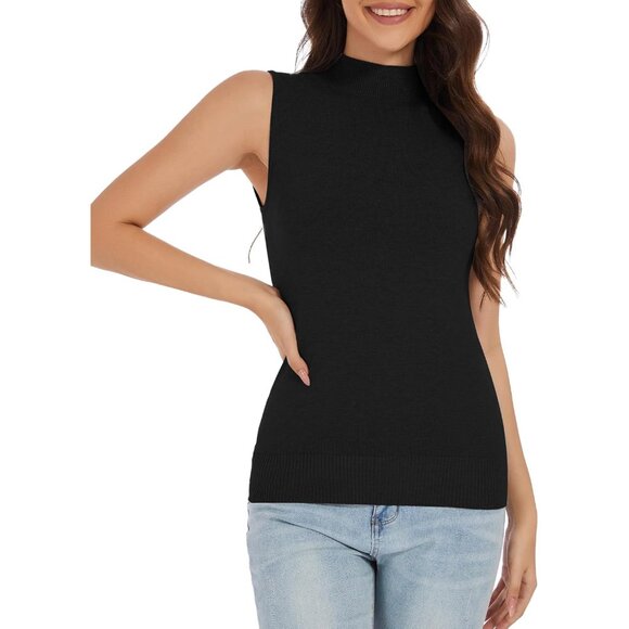 Women Sleeveless Knit Mock Neck Top Medium Black Versatile Style - Picture 3 of 8